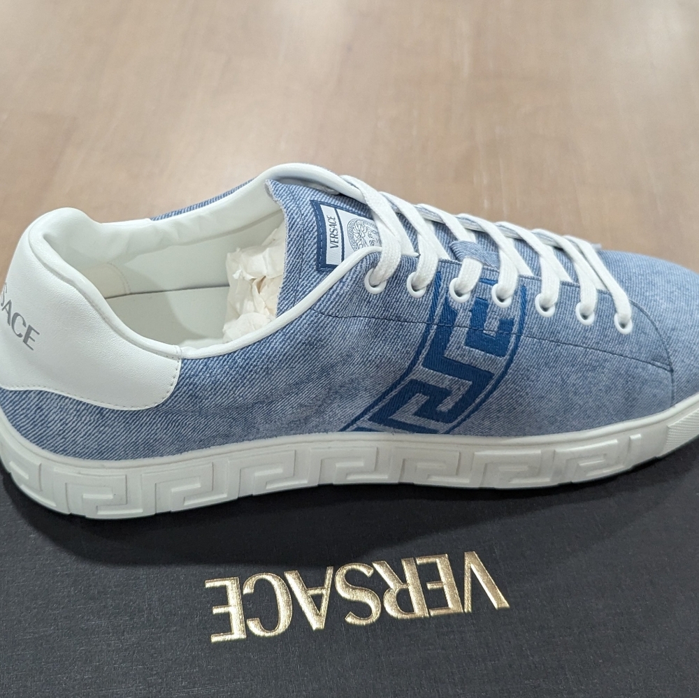$925 VERSACE Odissea Greca Denim Look Suede Low-Top Sneakers Light Blue 45 US 12 - Picture 4 of 10